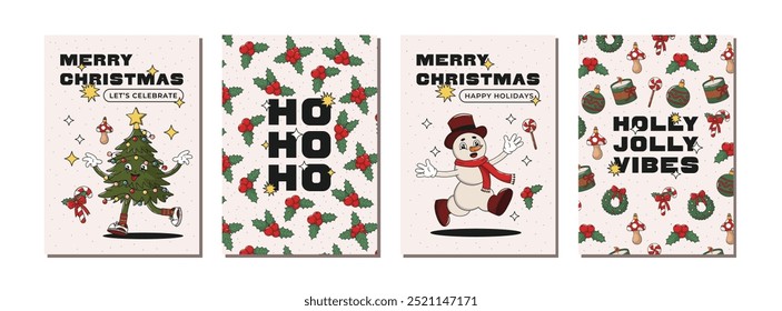 Merry Christmas poster set with christmas tree and snowman retro groovy characters, holly branch, wreath, tree toys, candles, candy cane. New Year Winter greeting card collection. Vector illustration.