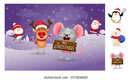 Merry Christmas poster with smiling cartoon mouse. Lettering with decorations can be used for invitation and greeting card. Holiday concept
