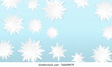 Merry Christmas poster. Snowflakes origami. Happy New Year. Winter holidays background. Cutout snow. New Year design. 3d postcard. Greeting card. Abstract snowfall banner. Paper cut vector.