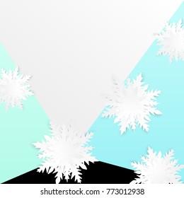 Merry Christmas poster. Snowflakes origami. Happy New Year. Winter holidays background. Cutout snow. New Year design. 3d postcard. Greeting card. Abstract snowfall banner. Paper cut vector.