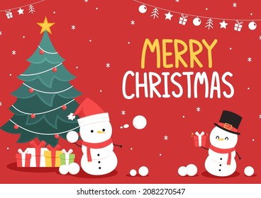 Merry Christmas poster. Snowman character design. Snowman vector illustration on red background