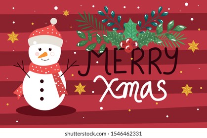 merry christmas poster with snowman and decoration vector illustration design