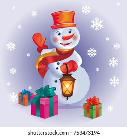 Merry Christmas poster with snowman and gifts on winter forest b