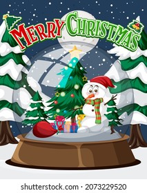 Merry Christmas poster with Snowman in glass dome illustration