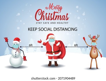 Afiche navideño. Hombre de nieve, Santa Claus y ciervo con máscara médica con distanciamiento social. covid19, concepto de virus de la corona. Diseño de ilustración vectorial.	