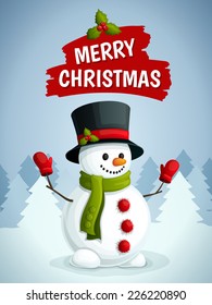 Merry christmas poster with snowman in scarf gloves and hat on winter forest background vector illustration.