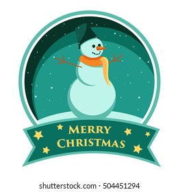 Merry christmas poster with snowman in scarf and hat on winter snowy meadow vector illustration. winter Christmas round background with a smiling snowman with open arms