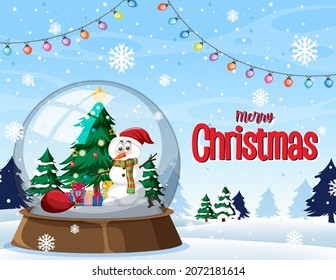 Merry Christmas poster with snowman in snowdome illustration