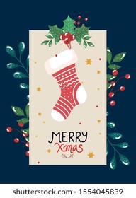 merry christmas poster with sock and decorative leafs vector illustration design