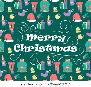 Merry christmas poster. Socks, sweaters, scraf and santa claus hat. Gifts and presents. Winter holiday and festival. New Year and Noel Eve. Booklet or brochure. Flat vector illustration