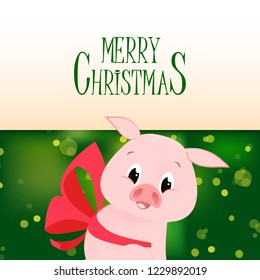 Merry Christmas poster template design. Piglet with bow under lettering on green bokeh background. Vector can be used for greeting cards, leaflets, posters and brochure