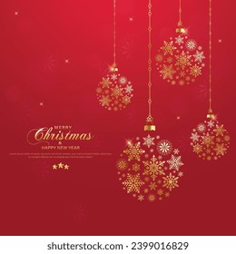 Merry christmas poster template design with decorative christmas balls made of snowflakes. vector illustration.