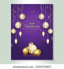 Merry christmas poster template design with decorative christmas light bulb and snowflakes. vector illustration.