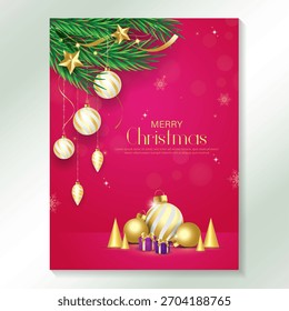 Feliz diseño de Plantilla de póster de Navidad con bombilla decorativa y copos de nieve, ramas de árboles de Navidad. Ilustración vectorial.