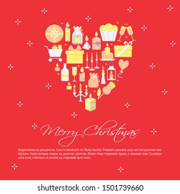 Merry Christmas poster template in flat style with place for text. Bright banner with holiday celebration symbols. Vector illustration.