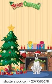 Merry Christmas poster template with christmas house interior illustration