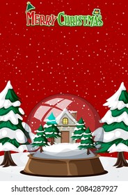 Merry Christmas poster template with a house in snowdome illustration