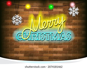 Merry Christmas Poster Template with neon text. Vector illustration 