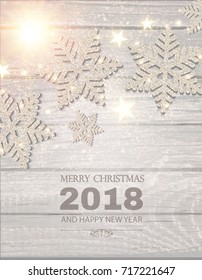 Merry Christmas Poster Template with Silver Snowflakes, Shining Stars and Light Effect on Soft Wood Texture. Vector illustration