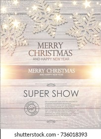 Merry Christmas Poster Template with Silver Snowflakes, Shining Stars and Light Effect on Soft Wood Texture. Vector illustration 