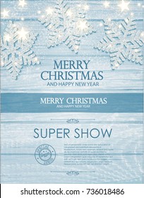Merry Christmas Poster Template with Silver Snowflakes, Shining Stars and Light Effect on Soft Wood Texture. Vector illustration 