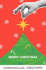 Merry Christmas poster template. Vector illustration with halftone hand setting Christmas star on fir tree. Christmas banner for decoration holiday greetings, parties, cards with hand drawn doodle.