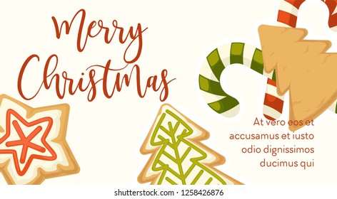 Merry Christmas poster with text sample and symbols of cookies and candies vector snacks and sweets on winter holiday celebration desserts lollipop and baked meal in form of spruce pine and star.