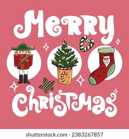 Merry Christmas poster with tin soldier illustration, Xmas tree, holidays Christmas socks with Santa Claus face, lollipop heart, star. New year postcard