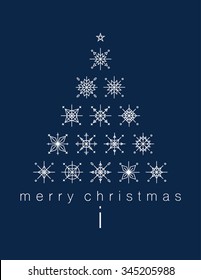 Merry Christmas Poster with Christmas tree made with sbowflakes. White snowflakes on blue background.