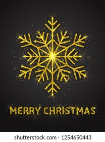 Merry Christmas Poster Vector with Bright Golden Sparkling Glitter Stylized Beautiful Snowflake and Lights. Xmas Party Illustration. Celebration Greeting Card Template