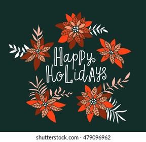 Merry Christmas poster. Vector Holiday Illustration with Lettering label and poinsettia flowers. Hand drawn greeting card.