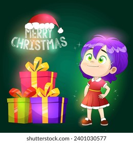 Merry Christmas Poster Vector illustration with a cute small Girl Cartoon Character, easy to edit can be used for social media Posters.