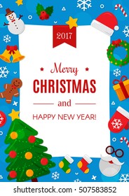 Merry Christmas Poster. Vector Illustration. Flat Christmas Icons with Frame. Happy New Year Concept. Candy Cane, Christmas Tree, Candle, Gingerbread Man. Place for Your Text