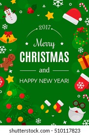 Merry Christmas Poster. Vector Illustration. Flat Christmas Icons. Happy New Year Concept. Candy Cane, Christmas Tree, Candle, Gingerbread Man. Place for Your Text