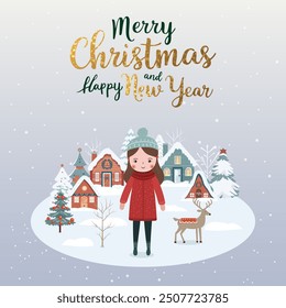 Merry christmas poster. Winter card with cute girl, trees, houses and golden lettering. Wintry scenes. 