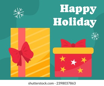 Merry Christmas poster. Winter holidays and New Year. Green flyer and booklet. Colorful gift boxes. Present and surprise. Graphic element for website. Cartoon flat vector illustration