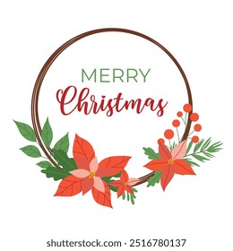 Merry Christmas poster. Winter red poinsettia flower with leaves and berries, christmas wreath isolated on white background. Vector illustration, flat style