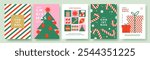 Merry Christmas posters, greeting cards, covers, in modern geometric style in green, red, pink colors for season greetings, ads, sales, print. Trendy Xmas layout design templates