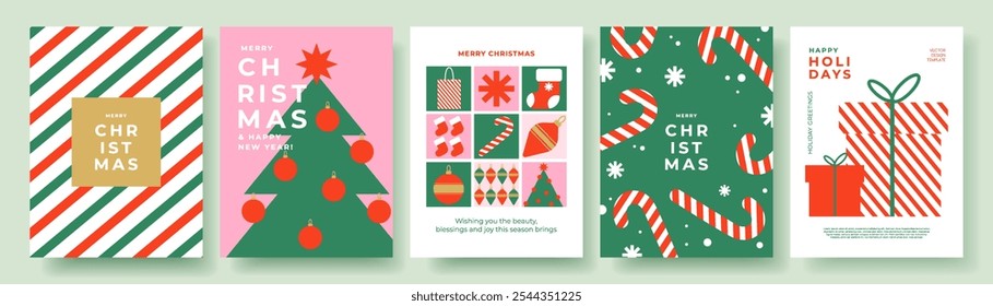 Merry Christmas posters, greeting cards, covers, in modern geometric style in green, red, pink colors for season greetings, ads, sales, print. Trendy Xmas layout design templates