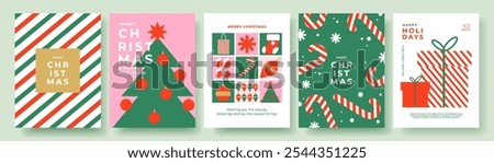 Merry Christmas posters, greeting cards, covers, in modern geometric style in green, red, pink colors for season greetings, ads, sales, print. Trendy Xmas layout design templates