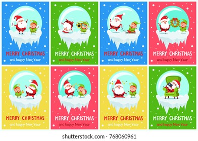 Merry Christmas posters Santa Elf in glass ball rest in armchair with gadget, decorate tree on ladder, dance at music, sing carols, play trumpet vector