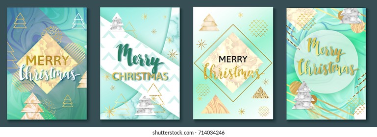 Merry christmas posters set or background, party invitation template with golden glitter, marble and metal foil texture, lettering, winter holidays celebration banner, trendy vector illustration