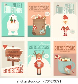 Merry Christmas Posters Set - Santa Claus and Other Xmas Characters in Cute Set. Vector Illustration.