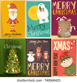 Merry Christmas Posters Set - Santa Claus and Other Xmas Characters in Winter Holidays Set. Vector Illustration.