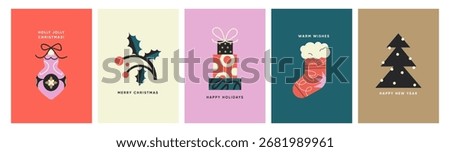 Merry Christmas posters set. Xmas cards with festive greeting typography. Winter holiday postcard designs with New Year gifts, noel sock, bauble, ornament and fir tree. Flat vector illustration set