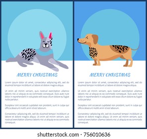 Merry Christmas posters with symbols of 2018 year. Relaxed doberman and adorable dachshund vector illustrations on holiday banner with sample text.