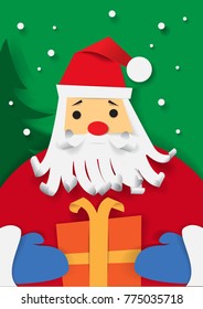 Merry Christmas poster.Santa Claus with gift box. Vector illustration