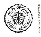 Merry Christmas Postmark with Star. Vintage Postal Watermark for Cards, Scrapbooking, and Collages. Santa mail Isolated Stamp