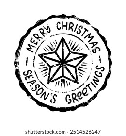 Merry Christmas Postmark with Star. Vintage Postal Watermark for Cards, Scrapbooking, and Collages. Santa mail Isolated Stamp