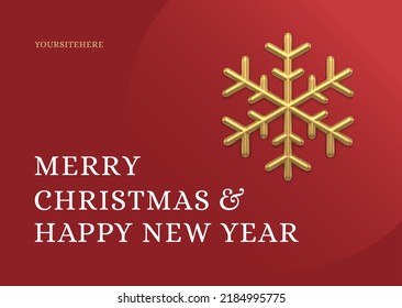 Merry Christmas premium red greeting card decorative design realistic template 3d icon vector illustration. Happy New Year golden elegant snowflake bauble web banner winter holiday celebration